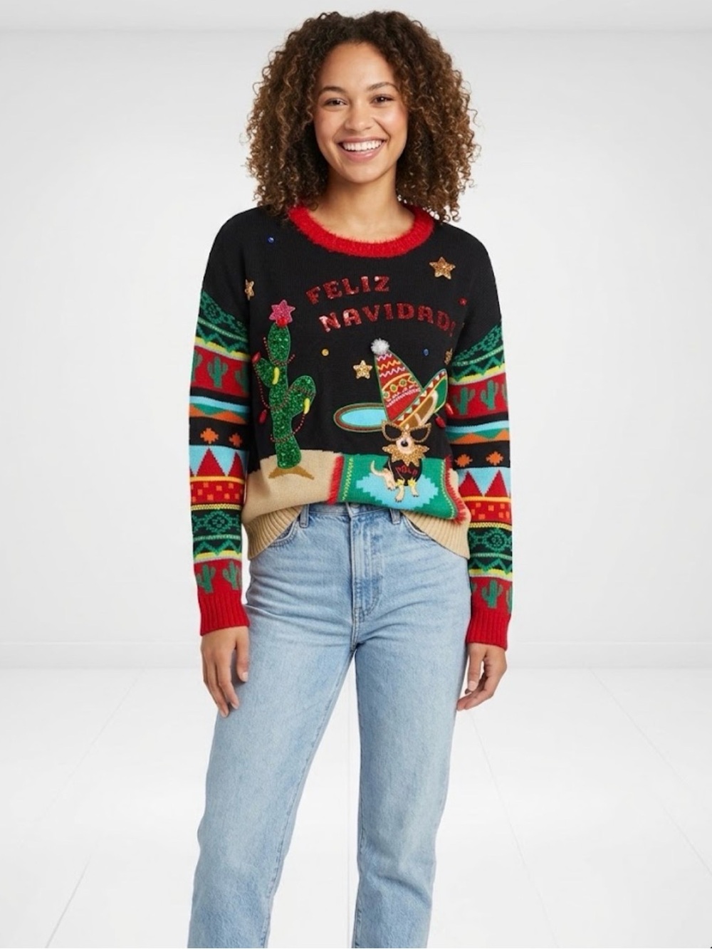 33 Degrees Feliz Navidad Ugly Christmas Sweater Chihuahua Sombrero Cactus